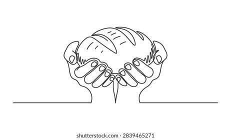 Minimalist line drawing of hands gently cradling a loaf of bread. Symbolizes nourishment, sustenance, and homemade goodness.