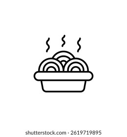Minimalist line drawing of hot pasta, steaming in container, ready to serve