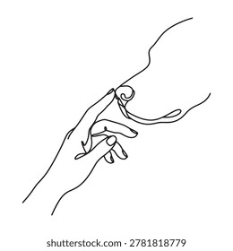 Minimalist line drawing of a human hand touching a dog's nose representing companionship and trust. Ideal for pet care or emotional wellness themes.