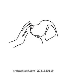 Minimalist line drawing of a human hand connecting with a dog's snout. This simple graphic conveys compassion and companionship ideal for pet care or wellness campaigns.