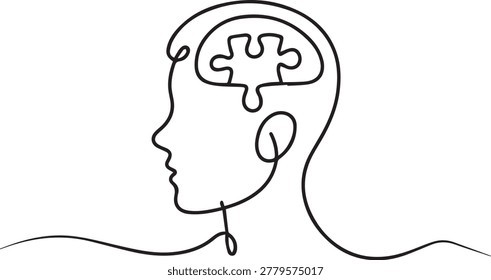 A minimalist line drawing of a human head in profile with a puzzle piece integrated into the brain, symbolizing problem-solving and mental health, in a simple black line art style on a white backgroun