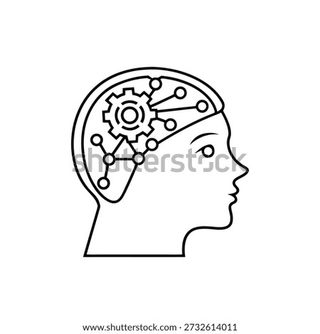 Minimalist Line Drawing of Human Head with Gear and Network Representing Artificial Intelligence and Cognitive Technology