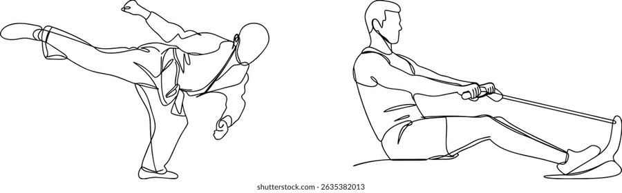 Minimalista linha de desenho ilustrações de kart e exercício de fitness no ginásio