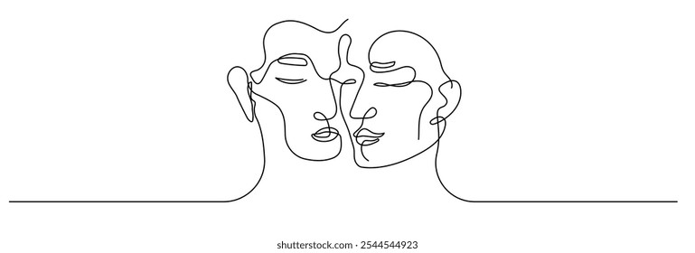 Minimalist line drawing of intertwined faces