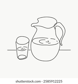 Minimalist line drawing of a jug and glass. Simple jug and glass illustration. Black line art of jug and glass on a white background. Minimalist design. Simple line art vector.