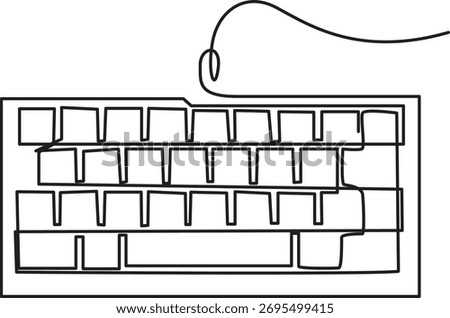 A minimalist line drawing of a keyboard, showcasing keys and a connecting cable in a simple, artistic style.
