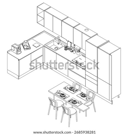 A minimalist line drawing of a kitchen interior with a table, chairs, and a sink. Various objects are arranged on the tabletop in a clean contour style. Isometric view