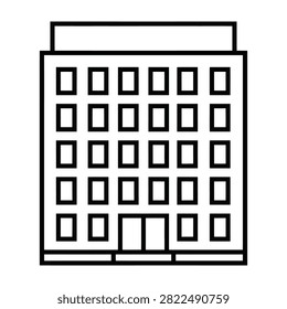 A minimalist line drawing of a large office building with many windows and a flat roof