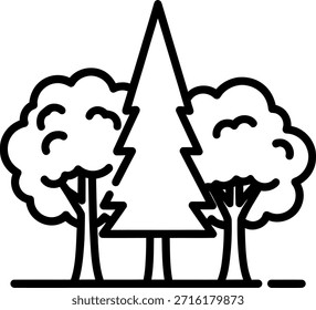 A minimalist line drawing of a large pine tree flanked by two smaller trees with rounded tops, all set against a plain white background in a simple black outline style.