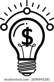 Un dibujo de línea minimalista de una bombilla con un signo de dólar en el interior y dos nodos de conexión en la parte superior, que simboliza una idea rentable o un concepto de negocio. Aislado en blanco.