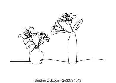 Minimalist line drawing of lilies in vases elegant floral composition for art prints