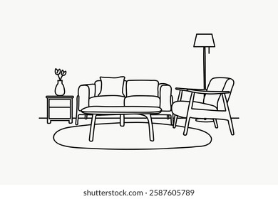 Minimalist line drawing of a living room with a sofa, armchair, coffee table, lamp, and vase on a side table. Simple and modern living room design. Line art illustration vector.