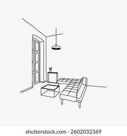 Minimalist line drawing of a living room with a sofa, coffee table, and a tall window. Simple lines and minimal decor create a clean, open space. Doodle illustration vector.