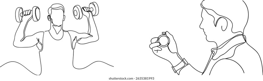 Minimalist line drawing of man exercising with dumbbells and coach with stopwatch
