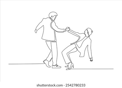 Um desenho de linha minimalista de um homem ajudando uma mulher, transmitindo apoio e parceria.