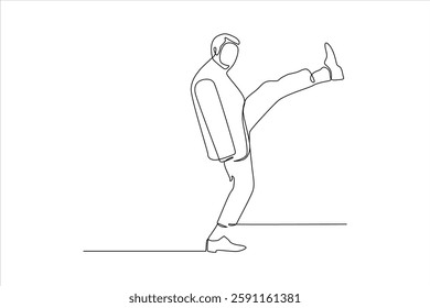 Minimalist line drawing of a man playfully kicking one leg while standing