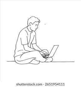 Desenho de linha minimalista de homem sentado de pernas cruzadas e trabalhando em laptop - ilustração de contorno de vetor preto e branco para Freelance, trabalho remoto ou conceitos de estudo on-line