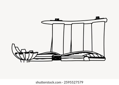 Minimalist line drawing of Marina Bay Sands, featuring iconic architecture. Simple black lines depict the famous Singapore skyline. Marina Bay Sands illustration. Doodle illustration vector.