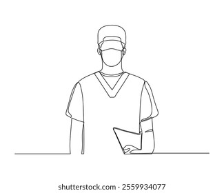 A minimalist line drawing of a medical professional wearing a V-neck scrub top, holding a clipboard. The drawing focuses on the outline of the figure and the clothing details, capturing a healthcare w