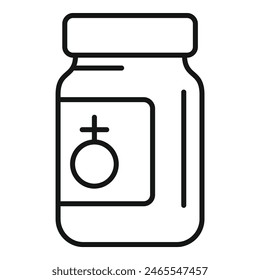 Minimalist line drawing of medicine bottle icon for pharmaceutical packaging and medication dosage illustration