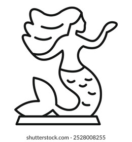 Minimalist line drawing of a mermaid with long hair, posing gracefully on a pedestal