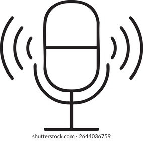 Um desenho em linha minimalista de um microfone emitindo ondas sonoras, simbolizando a gravação ou transmissão de áudio, representado em preto e branco.