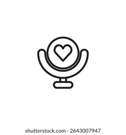 A minimalist line drawing of a mirror reflecting a heart symbol. Represents self-love, positive self-image, or loving oneself.