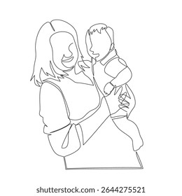Minimalist line drawing of a mother holding her baby toddler child, showing warmth and affection. Great for motherhood, childcare, love, and family topics on transparent background