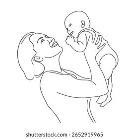 Minimalist line drawing of a mother lifting a happy baby in the air. Perfect for parenting, family bonding themes, childcare branding, emotional illustrations, and nurturing design projects.