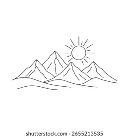 A minimalist line drawing of a mountain range with a shining sun above the peaks on white
