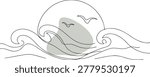 Minimalist line drawing of ocean waves, flying birds, and large sun over abstract pastel shape.