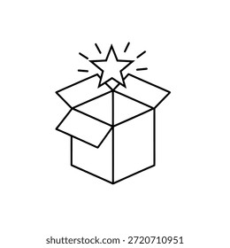 Dibujo de línea minimalista de caja abierta con estrella emergente que representa creatividad e innovación