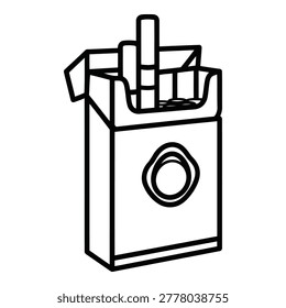 A minimalist line drawing of an open cigarette pack with a single cigarette protruding, isolated on a clean white background, conveying a simple yet striking visual representation of smoking.