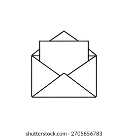 A minimalist line drawing of an open envelope revealing a blank sheet of paper, representing correspondence, messages, and communication in a clean, isolated format for design use.