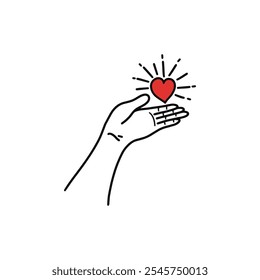 Dibujo de línea minimalista de una mano abierta sosteniendo un corazón rojo con líneas radiantes, que simbolizan cuidado, amabilidad y generosidad