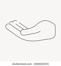 Minimalist line drawing of an open hand. Simple hand illustration, open hand gesture. Black line art of a hand, open symbol on a white background. Minimal illustration vector.