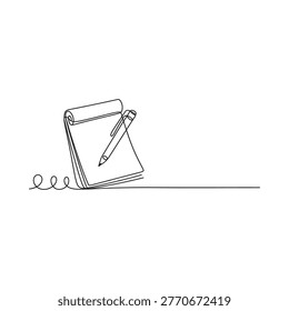 Minimalist line drawing of an open notebook with a pen resting on top