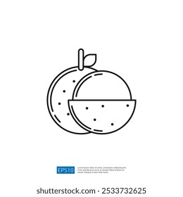 A minimalist line drawing of an orange, showcasing both the whole fruit and a halved version, emphasizing its fresh and juicy appearance.