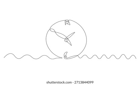 A minimalist line drawing of an oval clock face with hands, set against a wavy line. The style is abstract and sketchy.