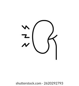 Desenho de linha minimalista de um rim doloroso com indicadores de dor irradiante