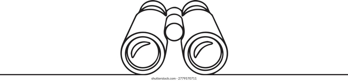A minimalist line drawing of a pair of binoculars sitting on a flat surface, depicted in a straightforward and uncomplicated style with black lines on a white background