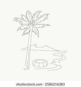 Minimalist line drawing of a palm tree by the beach. Simple beach scene with palm tree and sea. Artistic line art of a palm tree on a serene beach. Line art illustration vector.