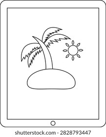 A minimalist line drawing of a palm tree on a small island with a sun in the sky, perfect for coloring pages or simple designs.