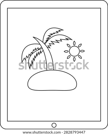 A minimalist line drawing of a palm tree on a small island with a sun in the sky, perfect for coloring pages or simple designs.