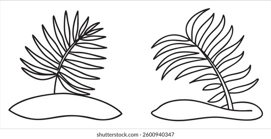 Minimalist line drawing of palm trees on a sandy base.