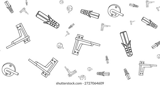 Minimalistisches Linien-Zeichnungsmuster von Bau- und Heimwerkerhardware-Elementen wie Wandanker, Türhebel und Metallregalstützen auf einer sauberen weißen Oberfläche.