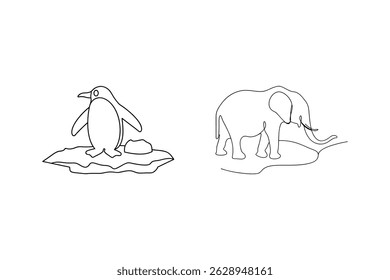 Minimalist line drawing of penguin and elephant animals in black and white style