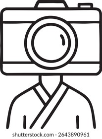 A minimalist line drawing of a person with a camera as their head, wearing a simple garment.