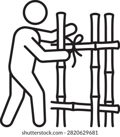 Minimalist line drawing of a person constructing a bamboo barrier with cordage. Useful for DIY construction and outdoor projects.