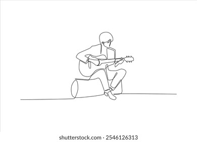 Un dibujo minimalista de una persona tocando la guitarra mientras está sentado.